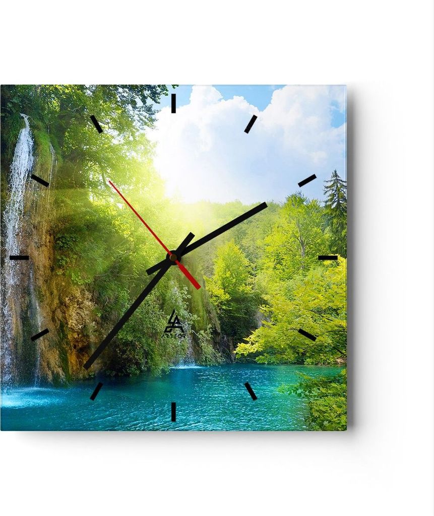 Wanduhr - Quadrat - Glasuhr - Wasserfall Forrest Himmel - 40x40cm - Schleichendes Uhrwerk - Lautlos - zum Aufhängen bereit - Dekoration Modern - W...