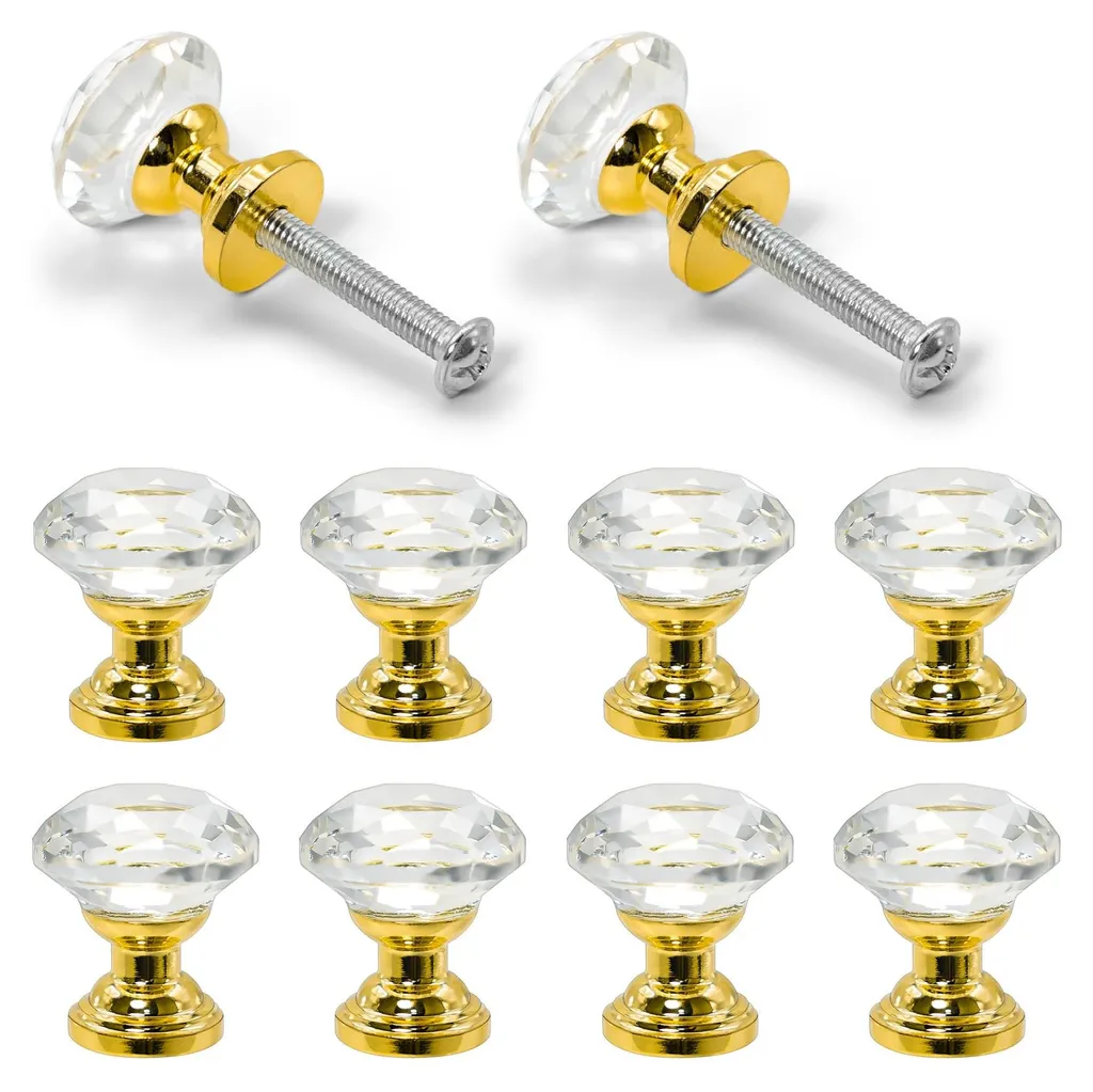 Boutons de porte en cristal taillé 20 mm, base dorée et design brillant