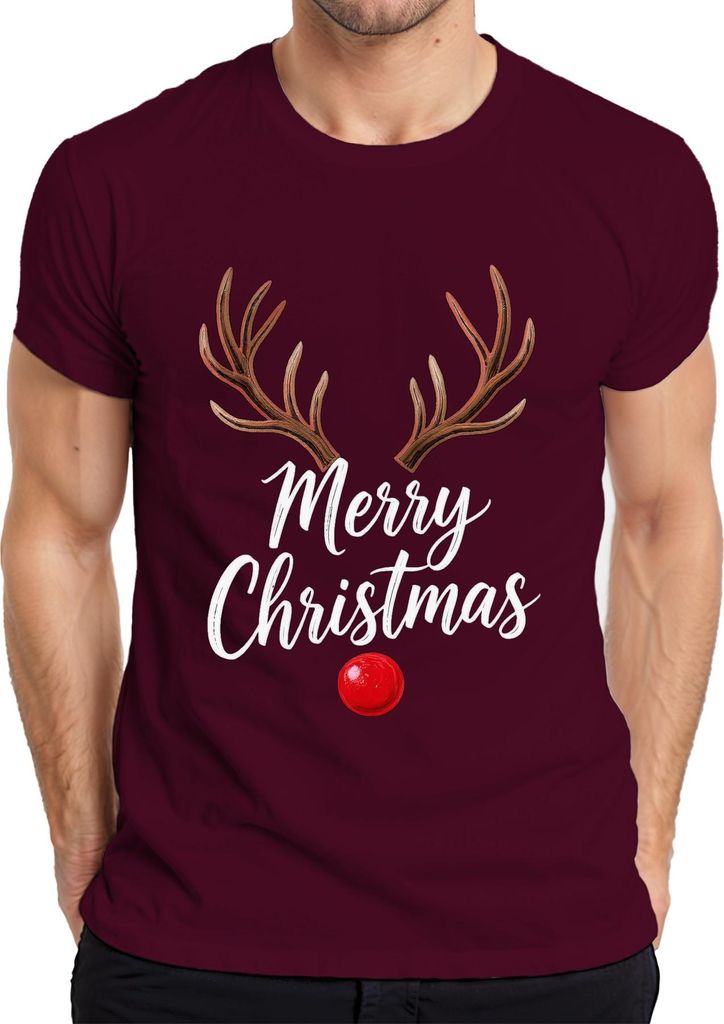 Merry Christmas Rentier Rudolph Geweih rote Nase Weihnachten Herren T-Shirt, Burgundy, XL
