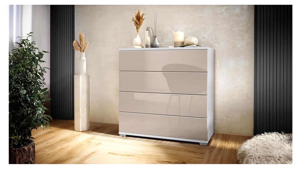 Kommode Pavos V3, Sideboard mit 4 Schubladen in Weiß matt/Sandgrau Hochglanz (76 x 76 x 35 cm)