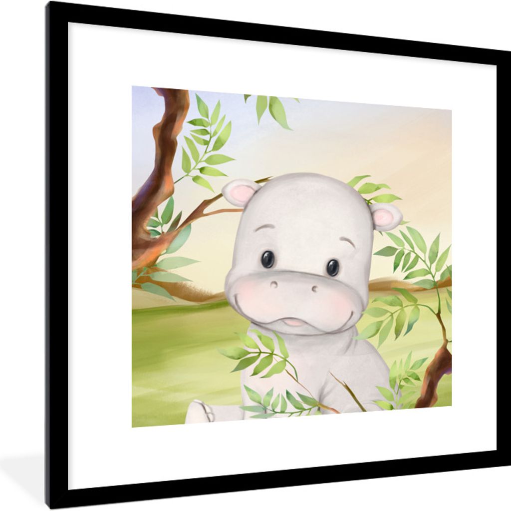 MuchoWow® Gerahmtes Poster Nilpferd - Dschungel - Blätter Produktbild 