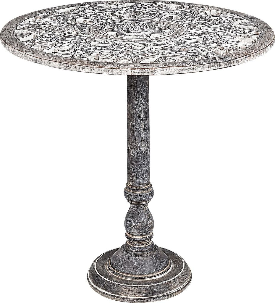 BELIANI Beistelltisch Grau und Gold MDF-Platte 61 cm mit Holzbein Säulenfuß Antik Optik Flambiert Rund Salon Wohnzimmer Diele Flur Bad Esszimmer