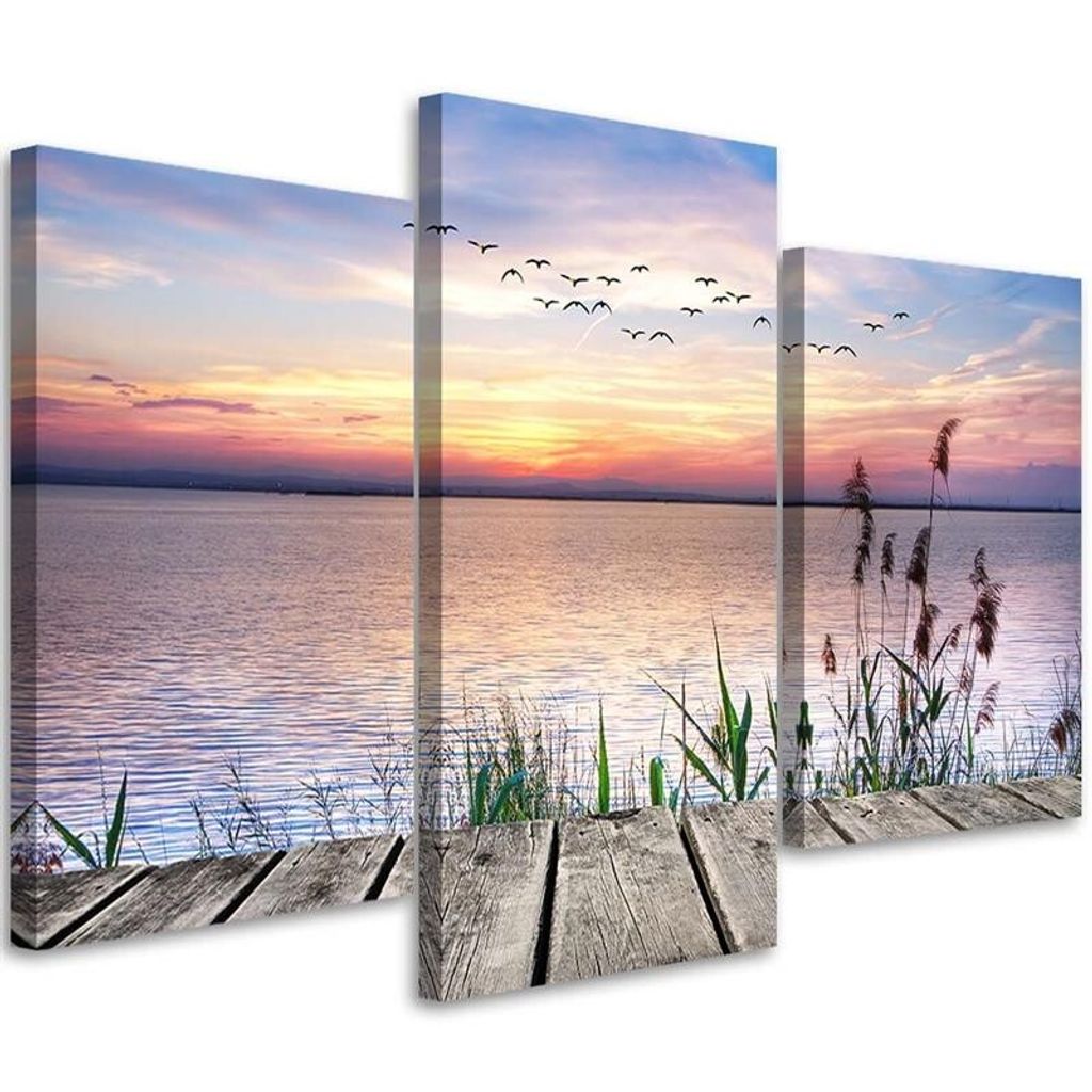 Triptychon auf leinwand sonnenuntergang über dem wasser 120x80 cm Feeby rosa wandbild bereit zum aufhängen
