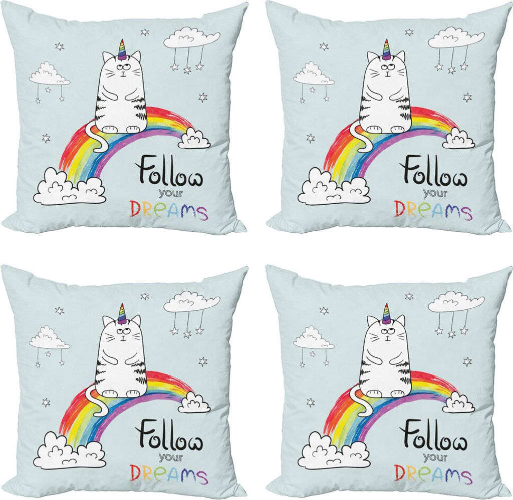 ABAKUHAUS Einhorn Kissenbezug Set (4 Stück), Folgen Sie Ihren Träumen Regenbogen, Moderner Doppelseitiger Digitaldruck, 60 cm x 60 cm, Mehrfarbig