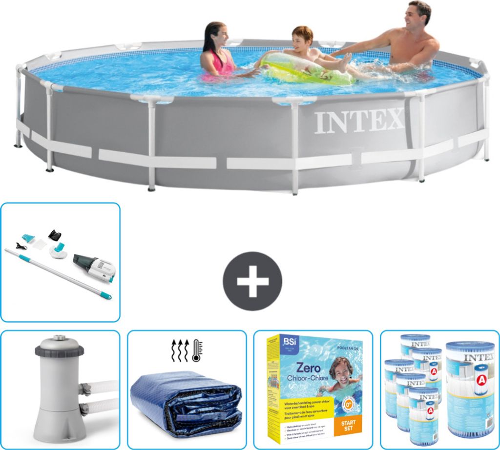 Intex Round Prism Frame Swimming Pool – 366 x 76 cm – Grau – inklusive Pumpe Sonnensegel - Wartungspaket - Filter - Staubsauger