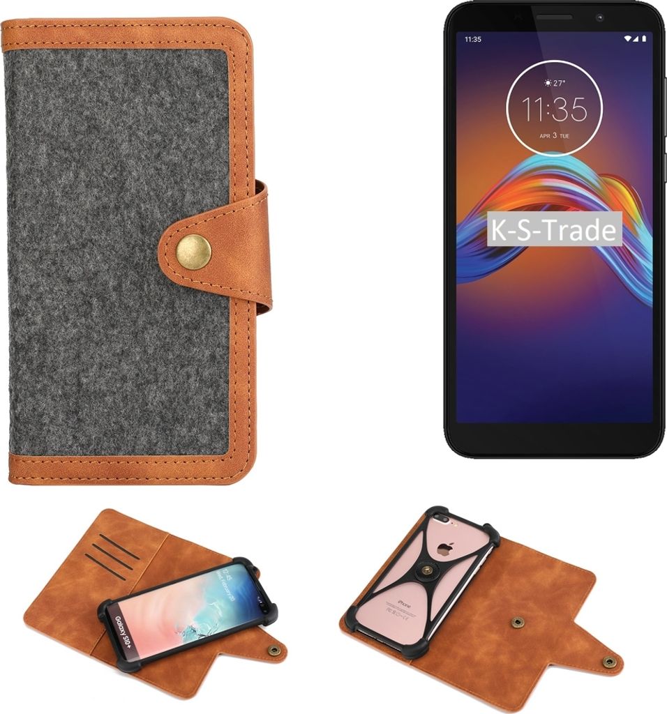 K-S-Trade Schutzhülle Handyhülle kompatibel mit Motorola Moto E6 Play Filz Hülle Kunst-Leder dunkelgrau braun (1x)
