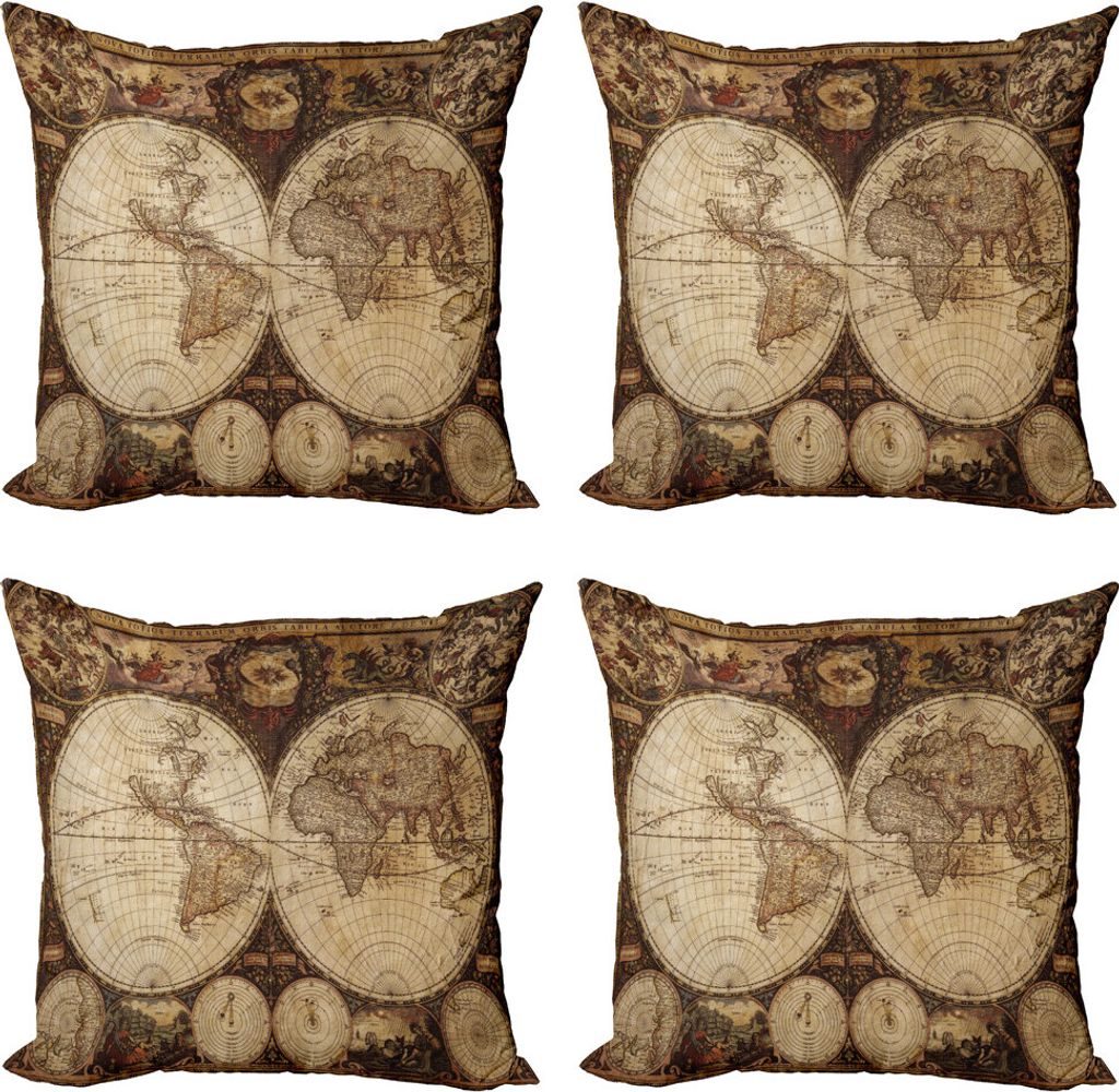 ABAKUHAUS Weltkarte Kissenbezug Set (4 Stück), Historische alte Atlas, Moderner Doppelseitiger Digitaldruck, 40 cm x 40 cm, Mehrfarbig