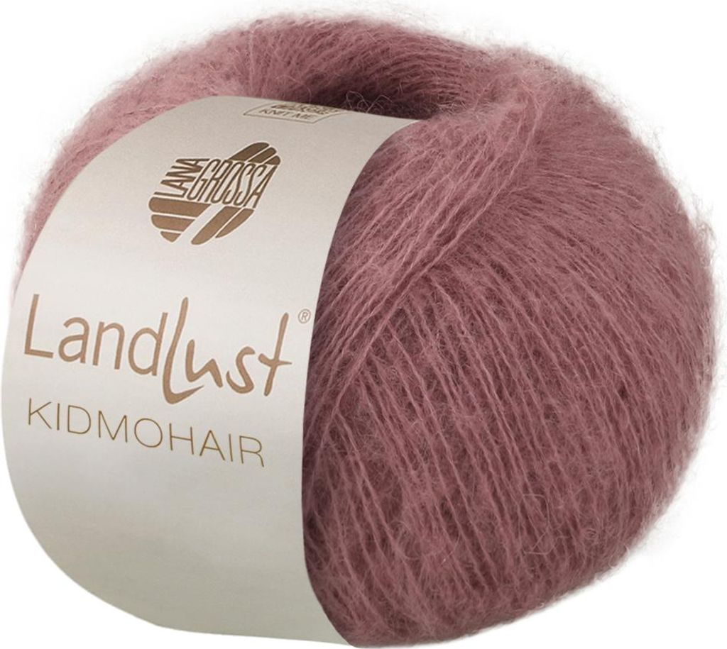 A ball of mauve-colored yarn with a label.