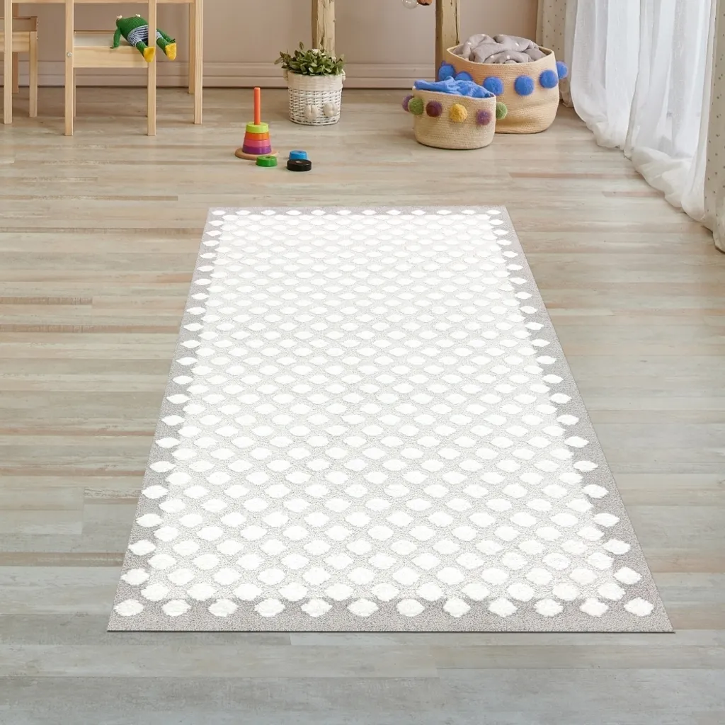 Tapis de chambre d'enfant à pois gris et crème effet 3D - 80 x 150 cm