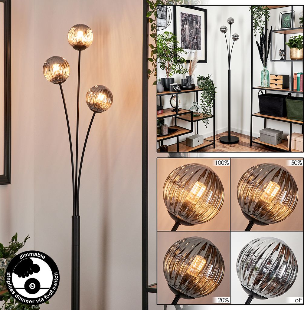 Lerici Stehlampe aus Metall/Riffelglas in Schwarz/Rauchfarben