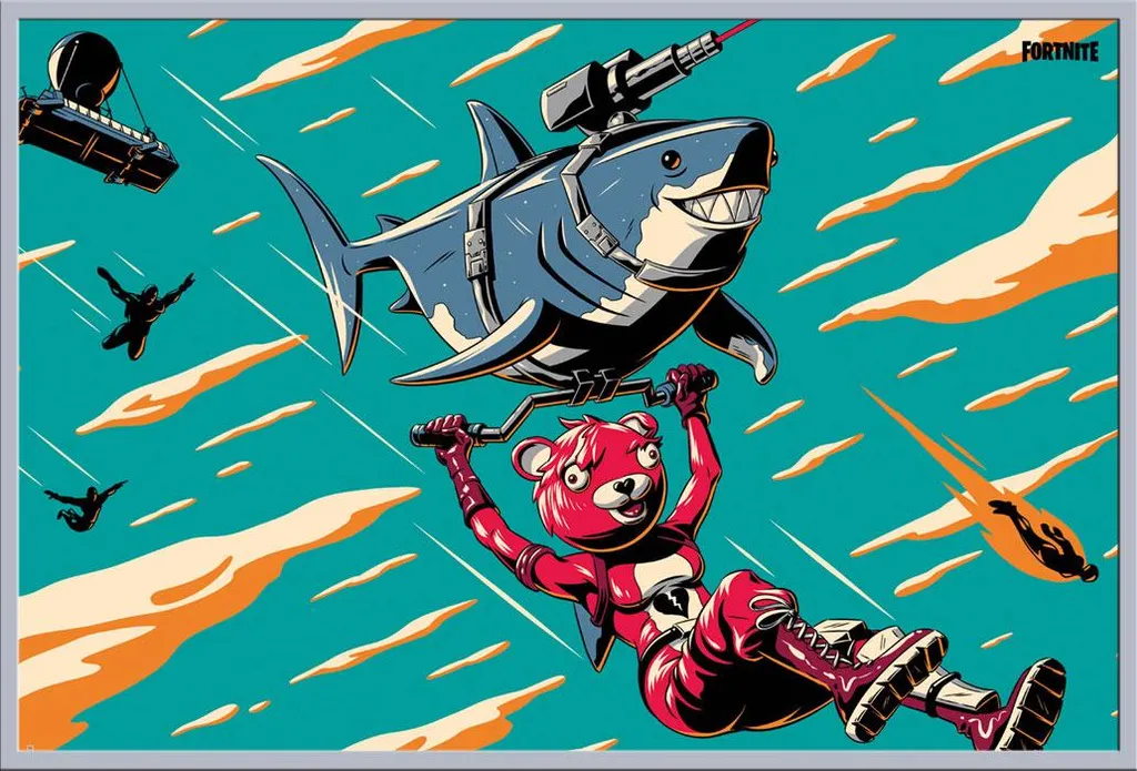 Poster Fortnite Laser Shark Encadré Cadre Shinsuke Argenté Brillant