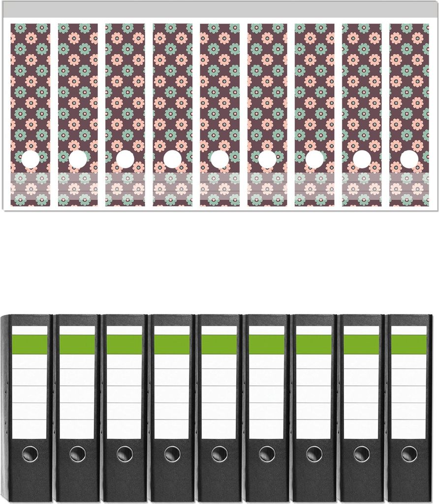 Wallario 9 Stück breite Ordner inkl. Klebeetiketten mit Motive Muster mit grünen und rosa-farbenen Blüten - Set mit Rückenschildern / Ordnerr...