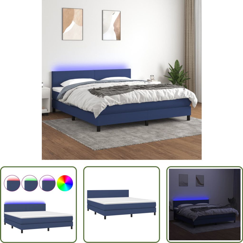 The Living Store Boxspringbett mit Matratze & LED Blau 160x200 cm Stoff
