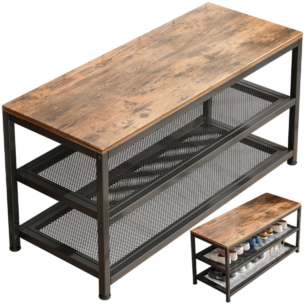 A shoe rack with a wooden top and metal mesh shelves, shown from a slightly elevated angle. A smaller, similar shoe rack is visible in the lower right corner, filled with shoes.