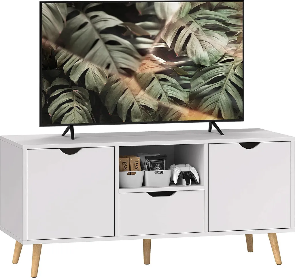 Meuble TV bas blanc de 110 cm avec tiroir et pieds en bois massif