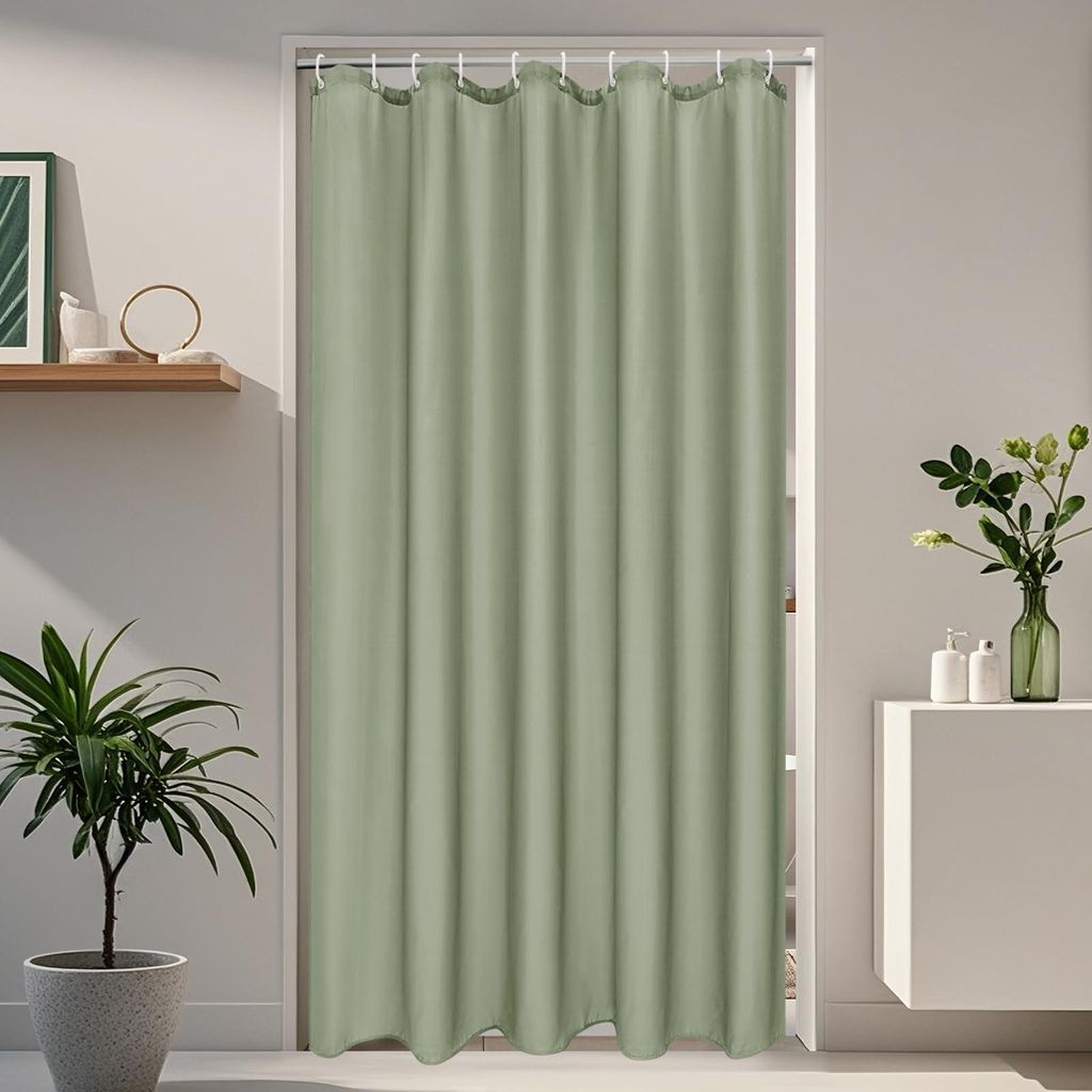 Duschvorhang 150 x 200 cm, wasserdicht, schimmelresistent, schmal, grünes Textil, waschbar, mit 10 Ringen