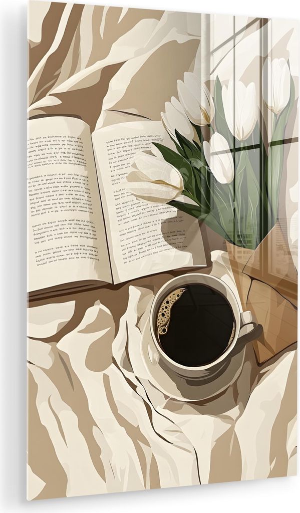 MuchoWow Glasbilder - Bilder auf Wandbild - Foto auf Glas Buch - Illustration - Tulpen - Kaffee 40x60 cm Wanddekoration aus Glas - Acrylglasbild - ...