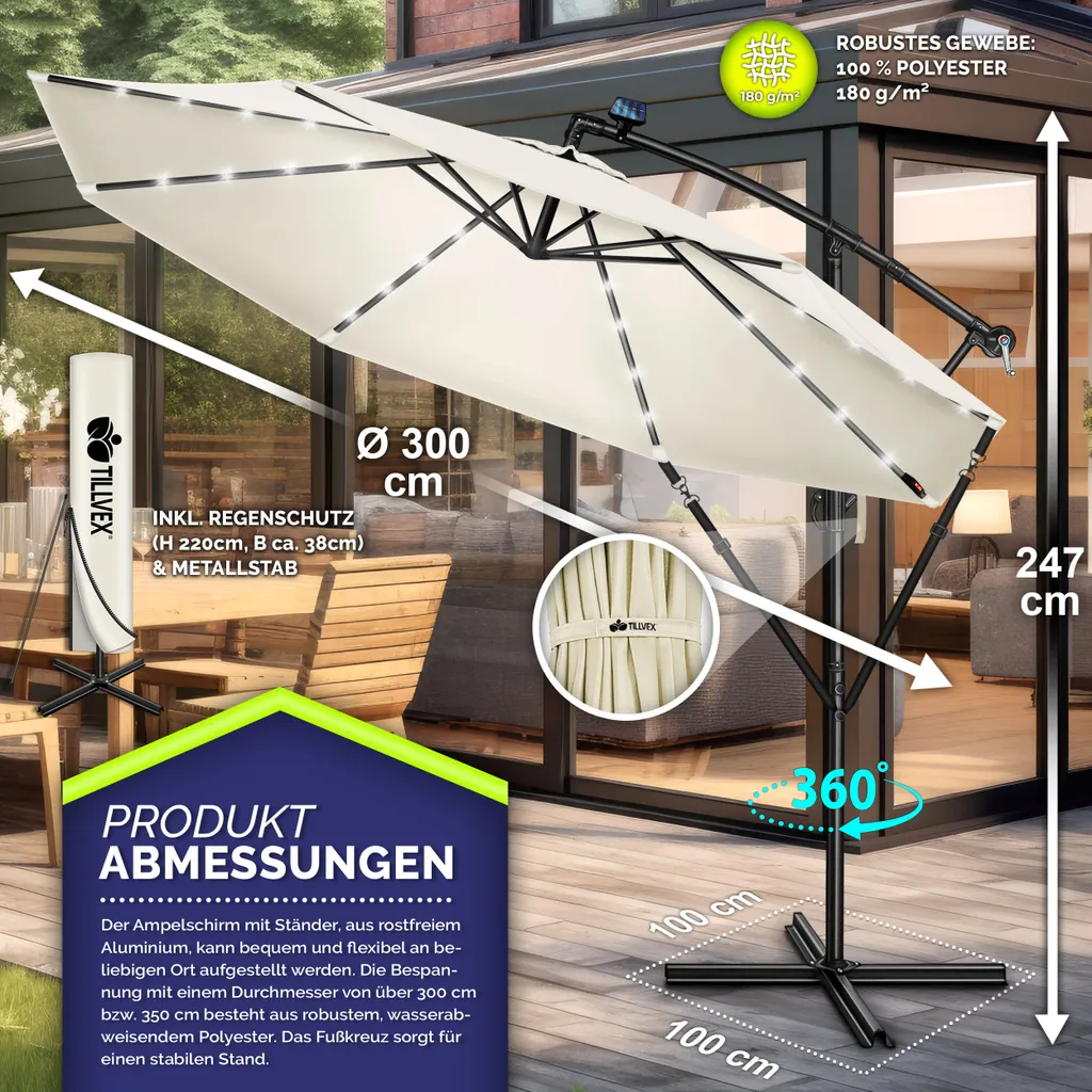 tillvex ombrellone a sbalzo in alluminio Beige LED Solar Ø 350 cm con manovella | ombrellone con interruttore on/off | ombrellone da giardino protezione UV alluminio | ombrellone a manovella con supporto ombrellone da mercato impermeabile - 5