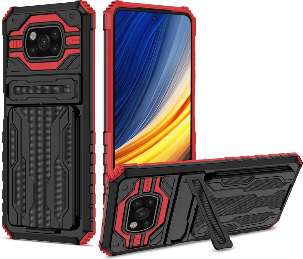 Xiaomi Poco X3 Hülle, Hybrid Robust Schutz Stoßfest Schutzhülle mit Kartenhalter Ständer für Xiaomi Poco X3 NFC / Poco X3 Pro Rot