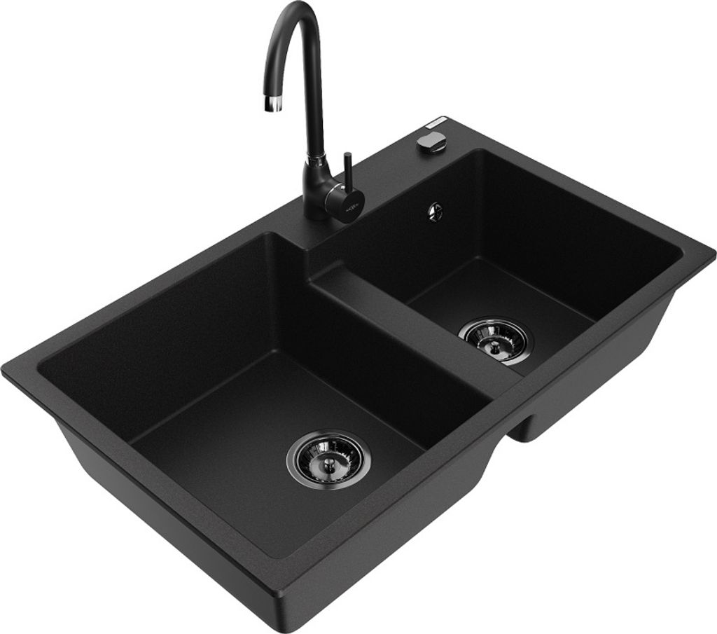 Mexen Tomas 2-Becken-Granitspüle mit Mischbatterie Telma, Schwarz - 6516-77-670200-70-B
