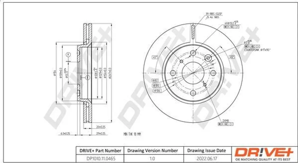 Disque de Frein Avant Dr!ve+ DP1010.11.0465 pour C1 et Aygo OE LK3501124