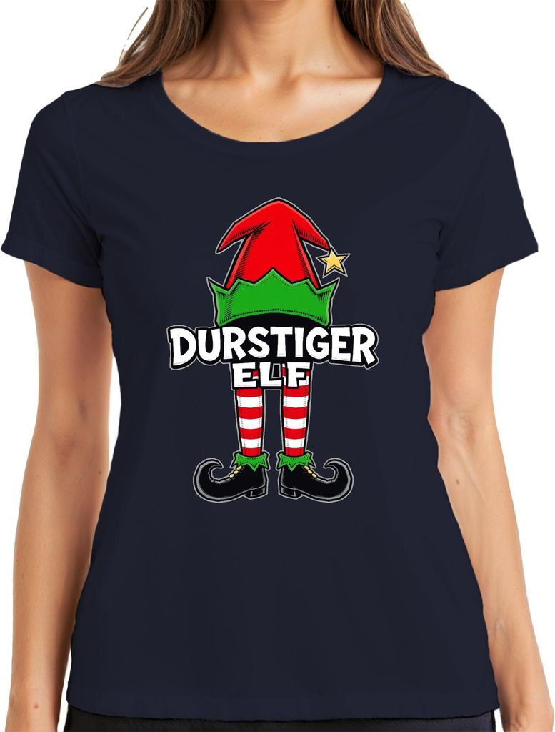 DURSTIGER ELF lustig Weihnachten Geschenk Weihnachtsfeier Elfen Damen T-Shirt, Navy, S