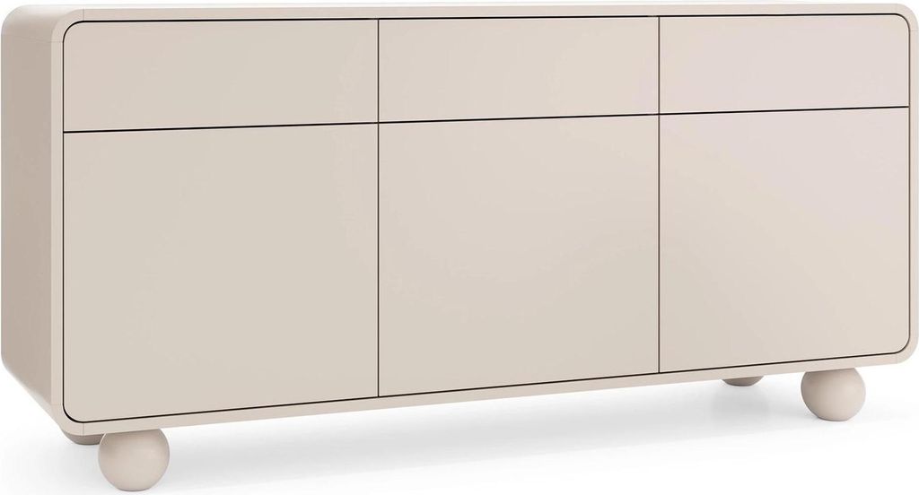 A modern beige sideboard with three drawers and three doors, resting on spherical feet.