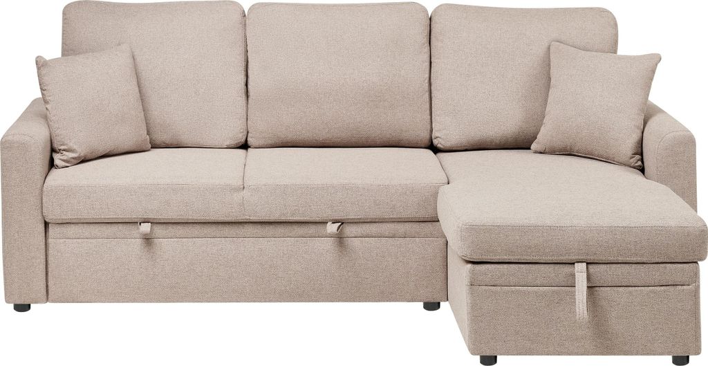 BELIANI Ecksofa mit Schlaffunktion Hellbraun Kunstleinen Stoff L-Förmig 3-Sitzer Sofa Linksseitig mit Stauraum Kissen Gepolstert Stoffsofa Schlafc...
