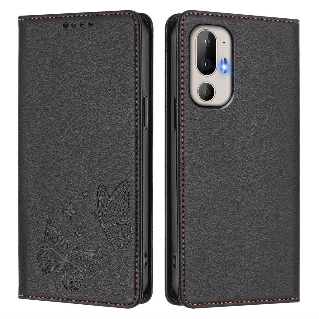 Lederhülle für HTC U24 Pro, Schmetterling Prägung Leder Brieftasche Schutzhülle mit Ständer Schwarz