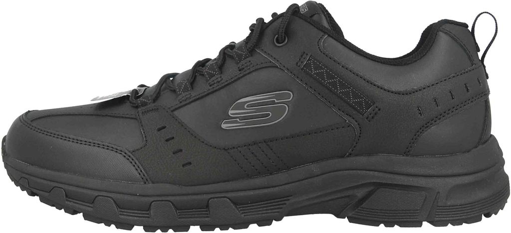 A side view of a black Skechers shoe.