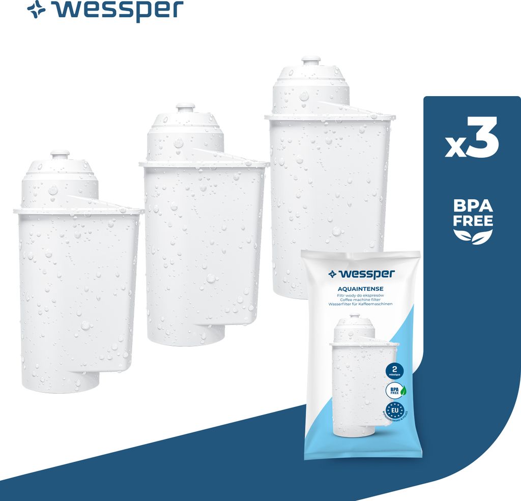 Three white water filter cartridges are displayed on a white background, with a blue overlay on the right side containing product information.