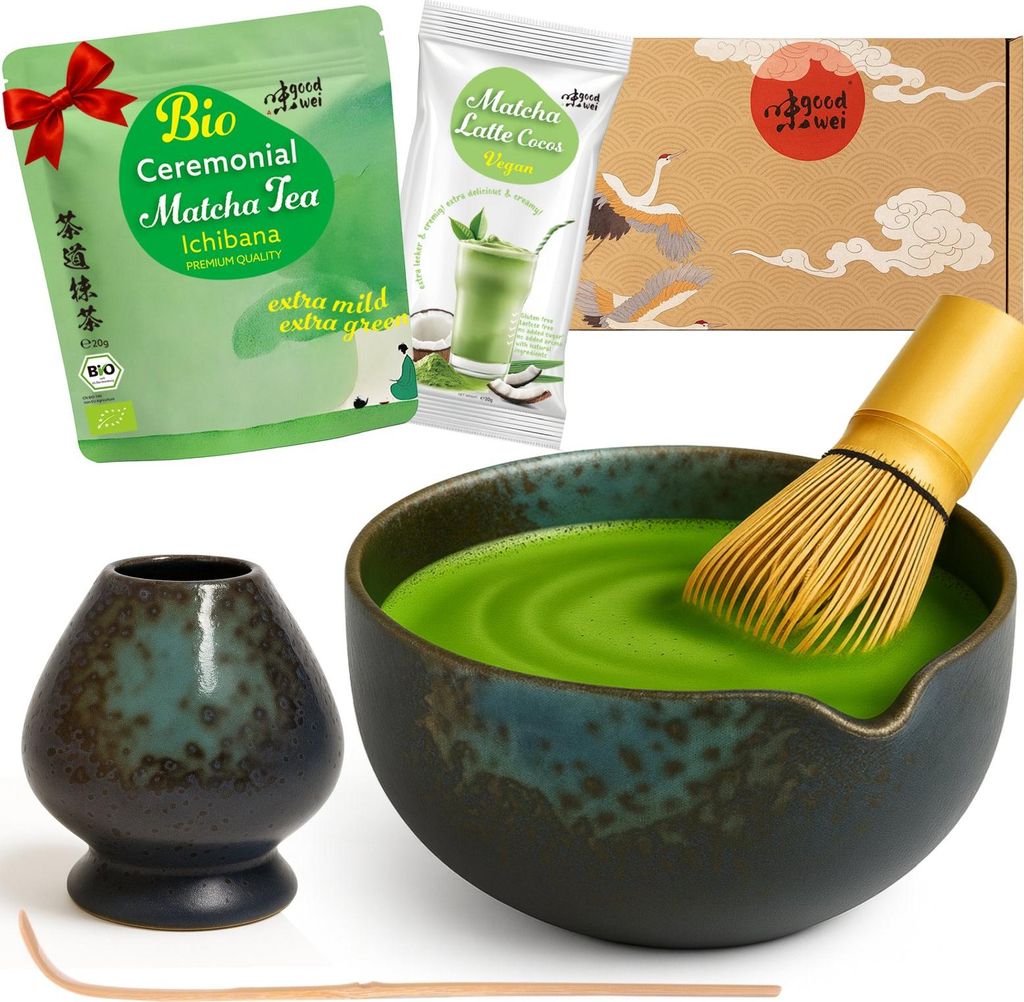 Matcha Latte Set "Rokusho" mit Schale mit Ausgießer, Besen, Besenhalter & Matchapulver + Cocos – Komplettset für Latte-Genuss & Teezeremonie