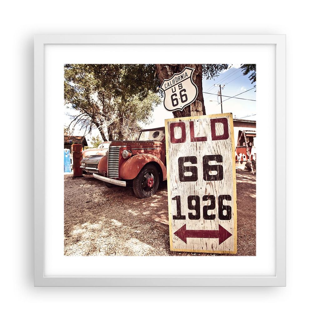 Gerahmtes Poster - Weißer Rahmen - Straße alt 66 USA - 40x40 cm - Wand Bild - Wanddeko - Wandbilder - Kunstposter - Wandposter - Bilderrahmen - B...