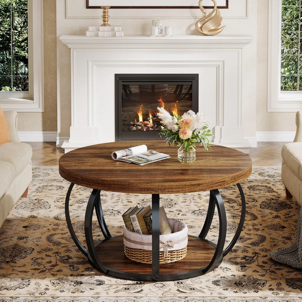Table d'appoint canapé bois 80cm, table basse ronde pour petit salon