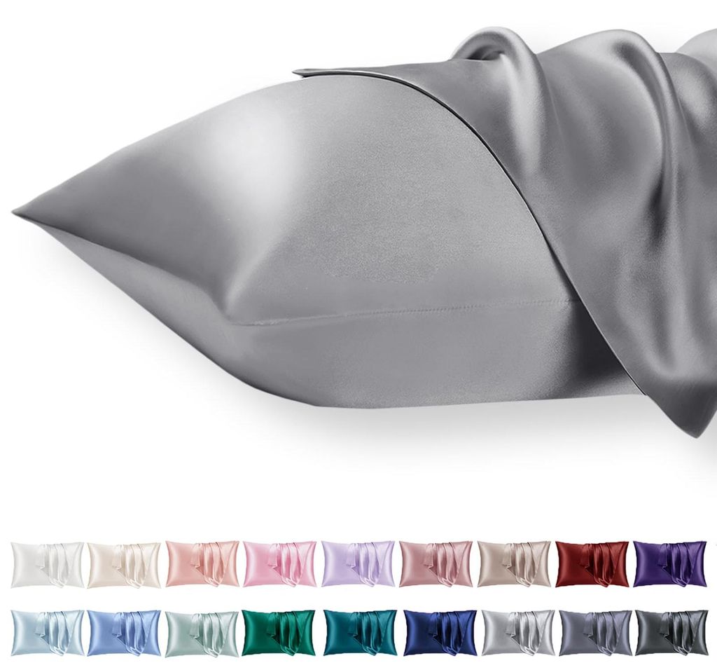 Set mit 2 Satin-Kissenbezügen 50x70 cm mit Reißverschluss, seidenweich, geeignet für lockiges Haar, graue Satin-Kissenbezüge