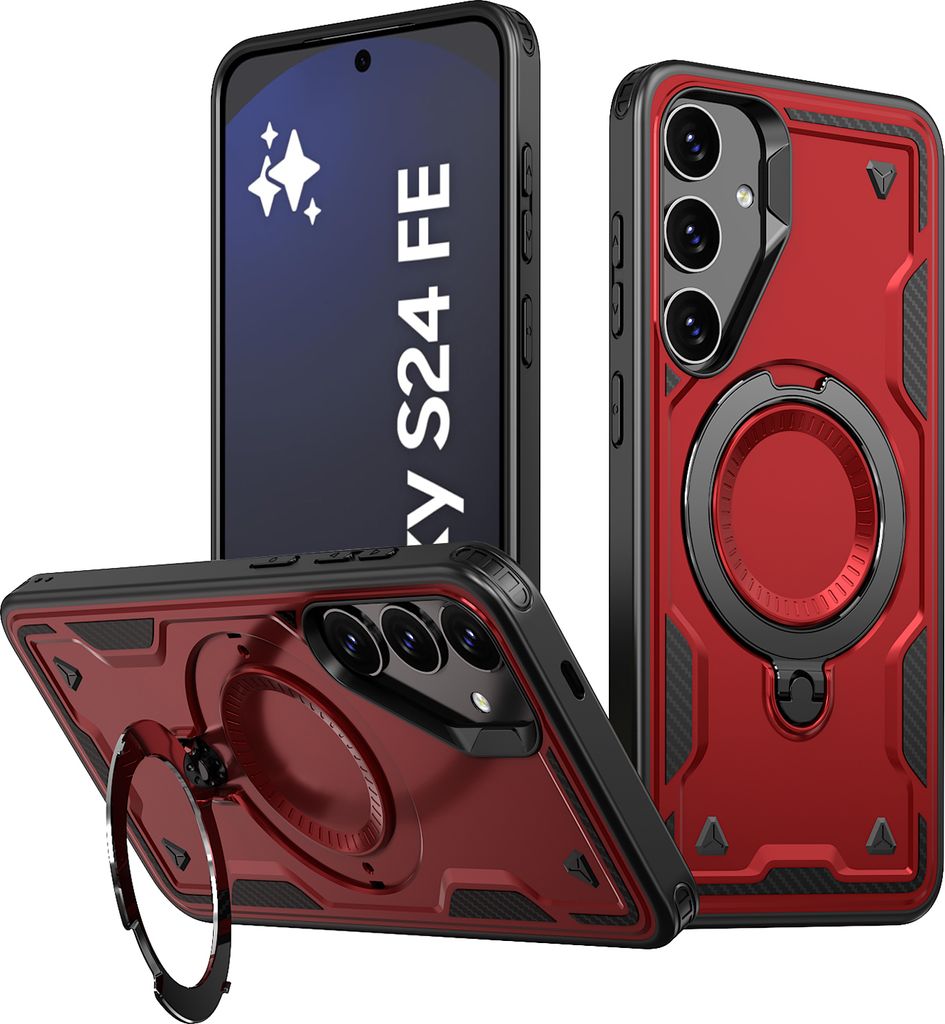 Dual Layer Hülle für Samsung Galaxy S24 FE Metall Ring Ständer Magnetisch Stoßfest Militär Handyhülle Rot