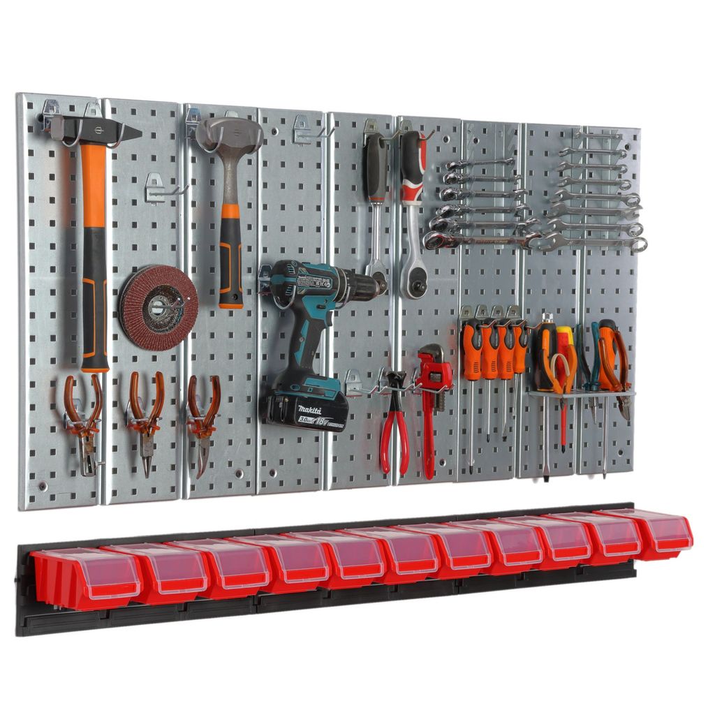 Werkzeugwand 117x72cm Metall Lagersystem mit Werkzeughaltern Werkzeughaken 11 Stapelboxen rot Lochbrett Werkstatt Garage Steckbrett Elektrowerkzeug...