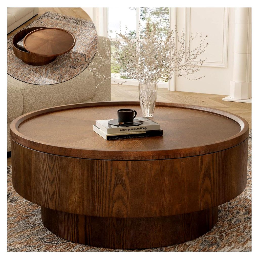 Runder Couchtisch mit Stauraum im modernen Trommel-Design in Holzoptik für das Wohnzimmer
