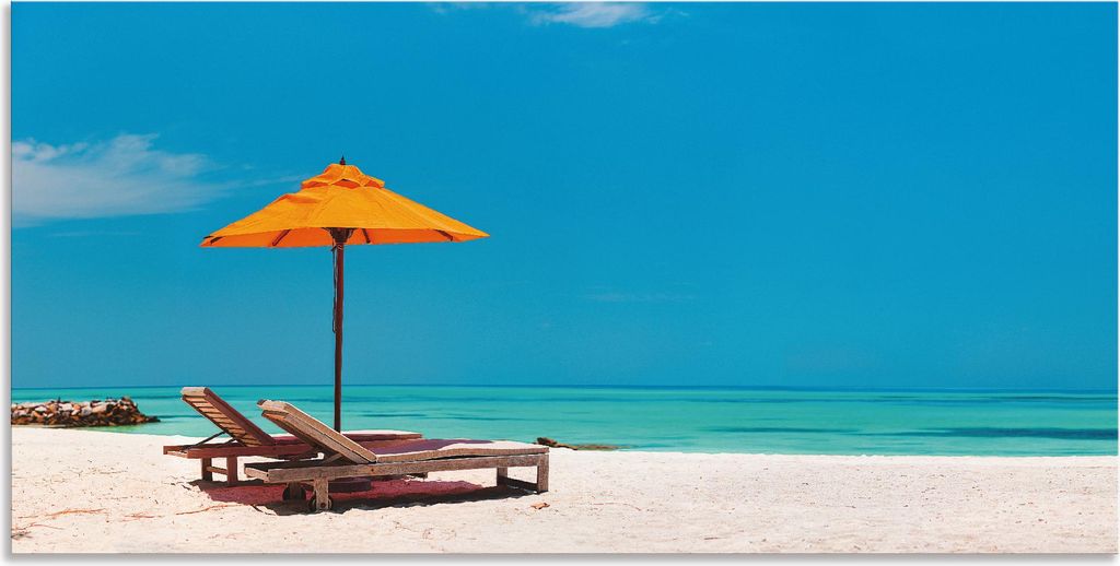 ARTland Wandbild Alu für Innen & Outdoor Liegestuhl Sonnenschirm Strand Malediven Größe: 60x30 cm