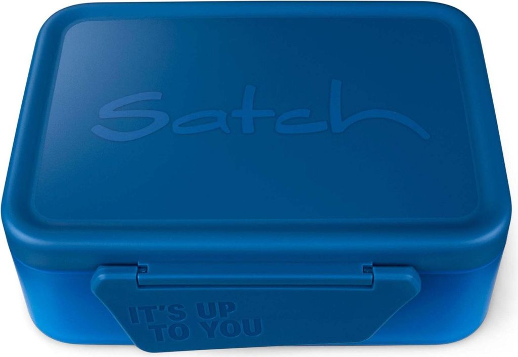 A blue lunchbox with the brand name 'Satch' and a slogan 'IT'S UP TO YOU' embossed on it.