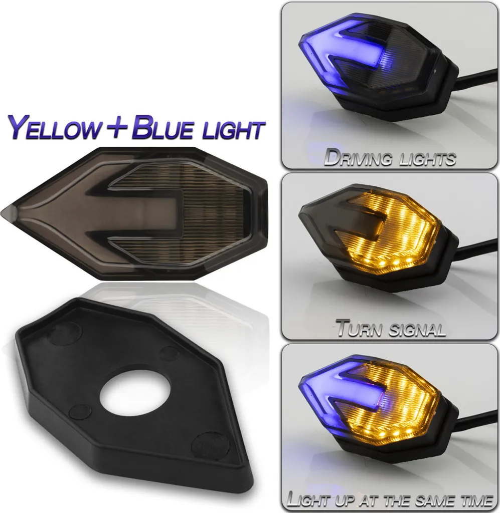 1 paio di accessori per indicatori di direzione del motociclo Freccia a forma di luce a doppio colore guidato luci laterali LED Giallo + blu luce