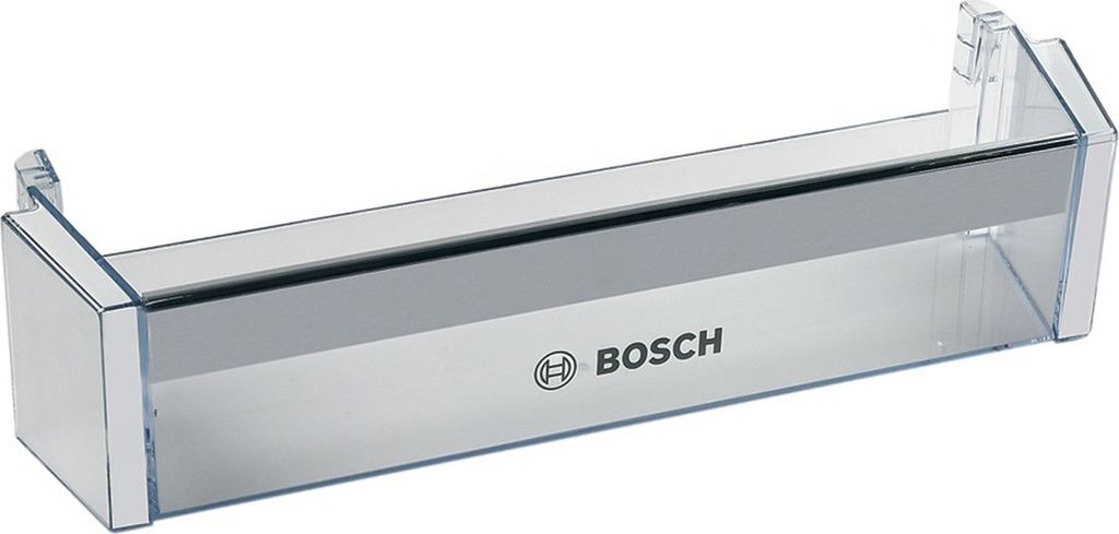 A clear plastic refrigerator door shelf with the Bosch logo.