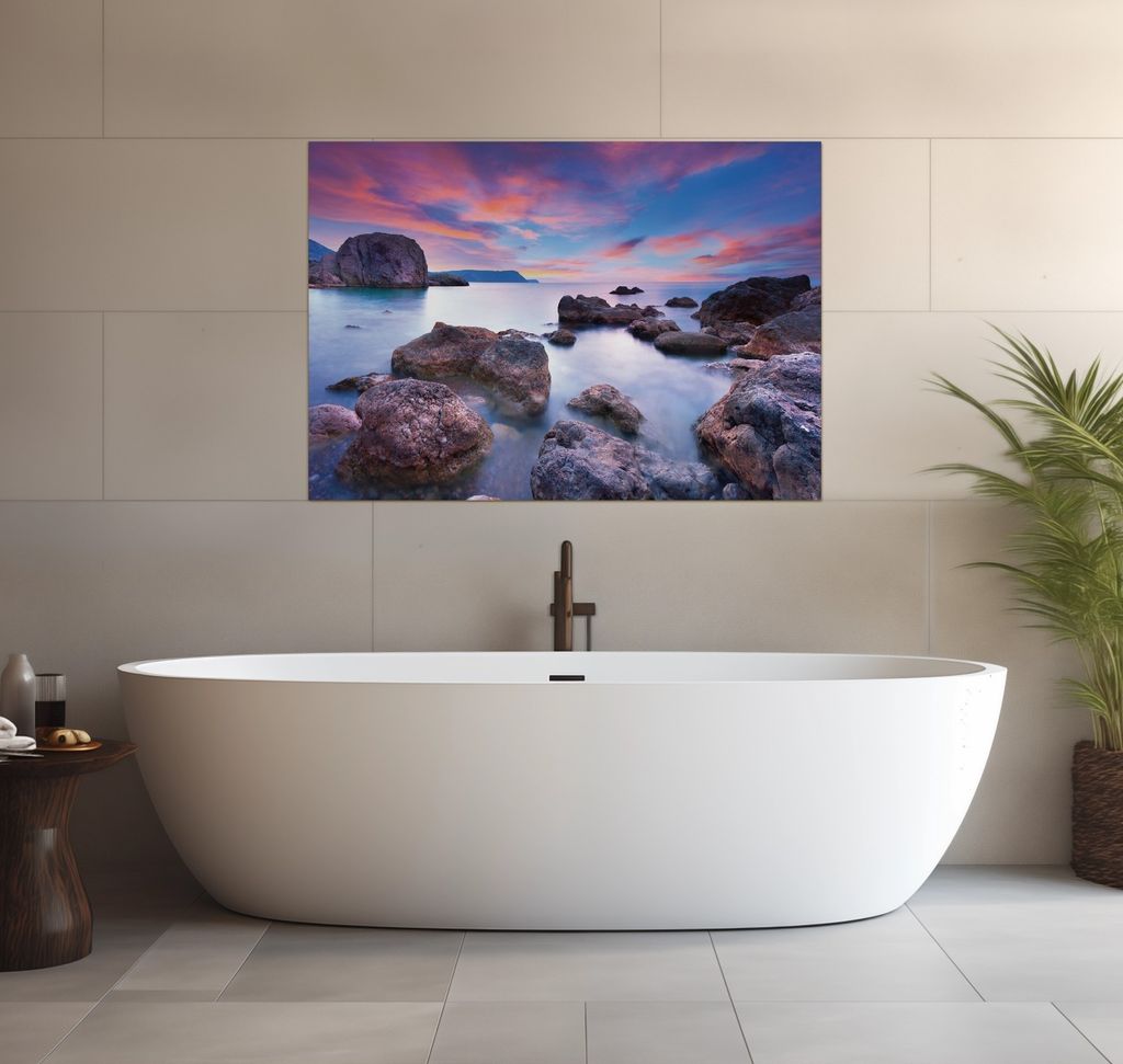 Wallario wasserfestes Poster selbstklebend 70 x 100 cm, Seelandschaft in blau und rot mit großen Felsen, Badezimmerposter Spritzschutz mit Hochgla...