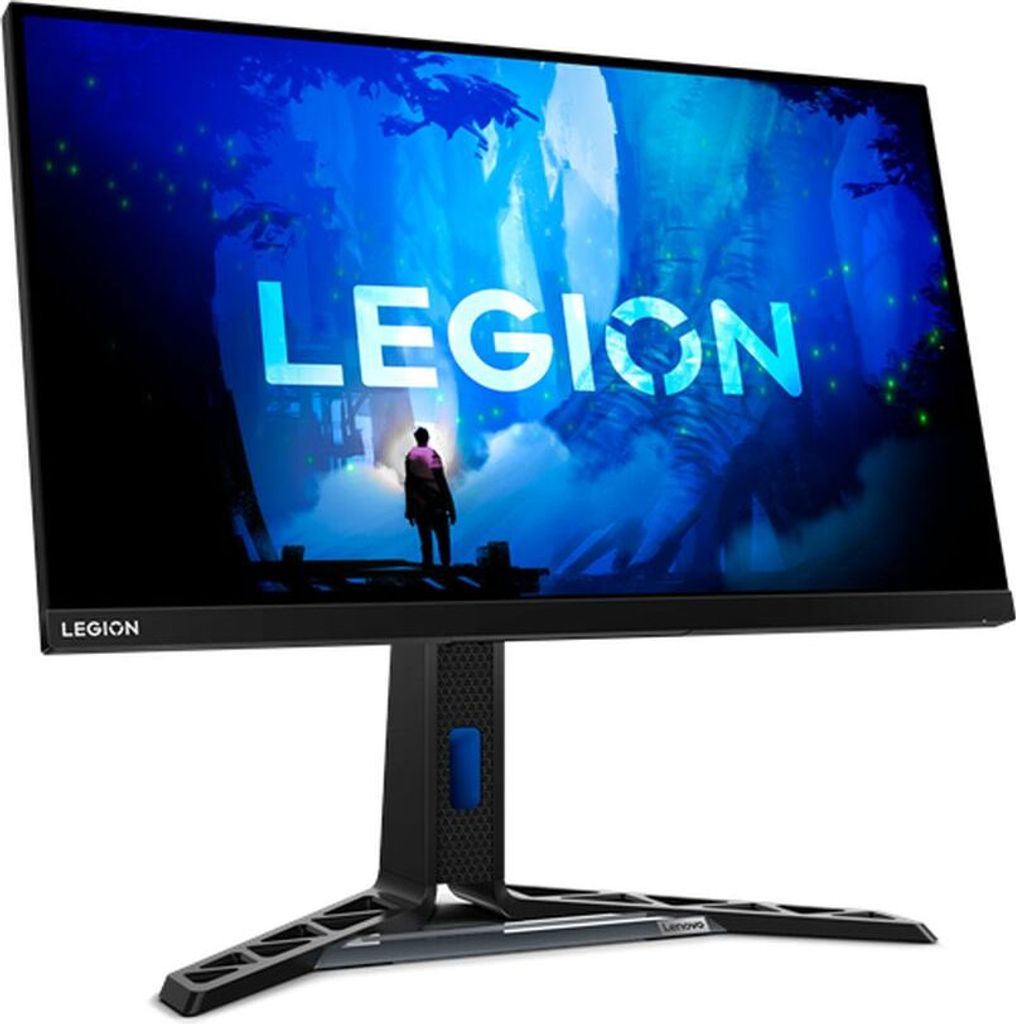 A computer monitor displaying a futuristic landscape with the word 'LEGION' prominently featured.