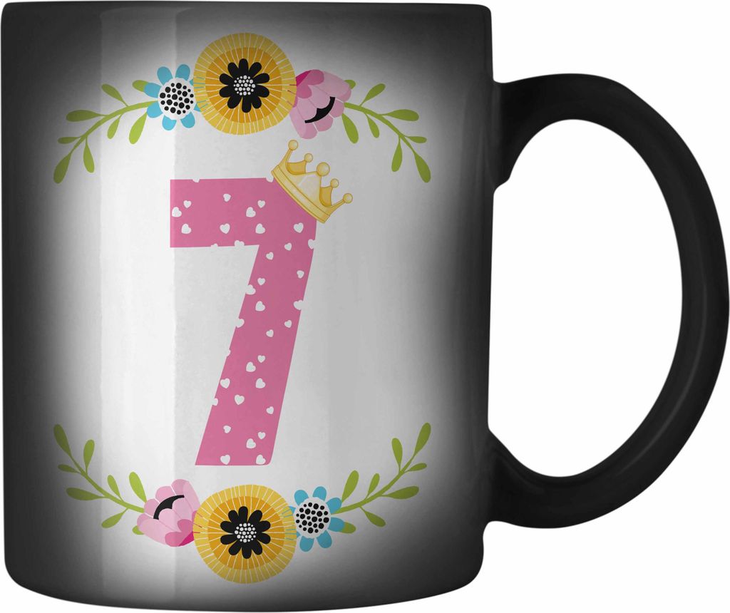 Trendation - 7. Geburtstag Mädchen Farbwechsel Zauber-Tasse Geschenk zum Siebten Geburtsagsparty Grafik Krone 7 Jahre Alt (Schwarz)