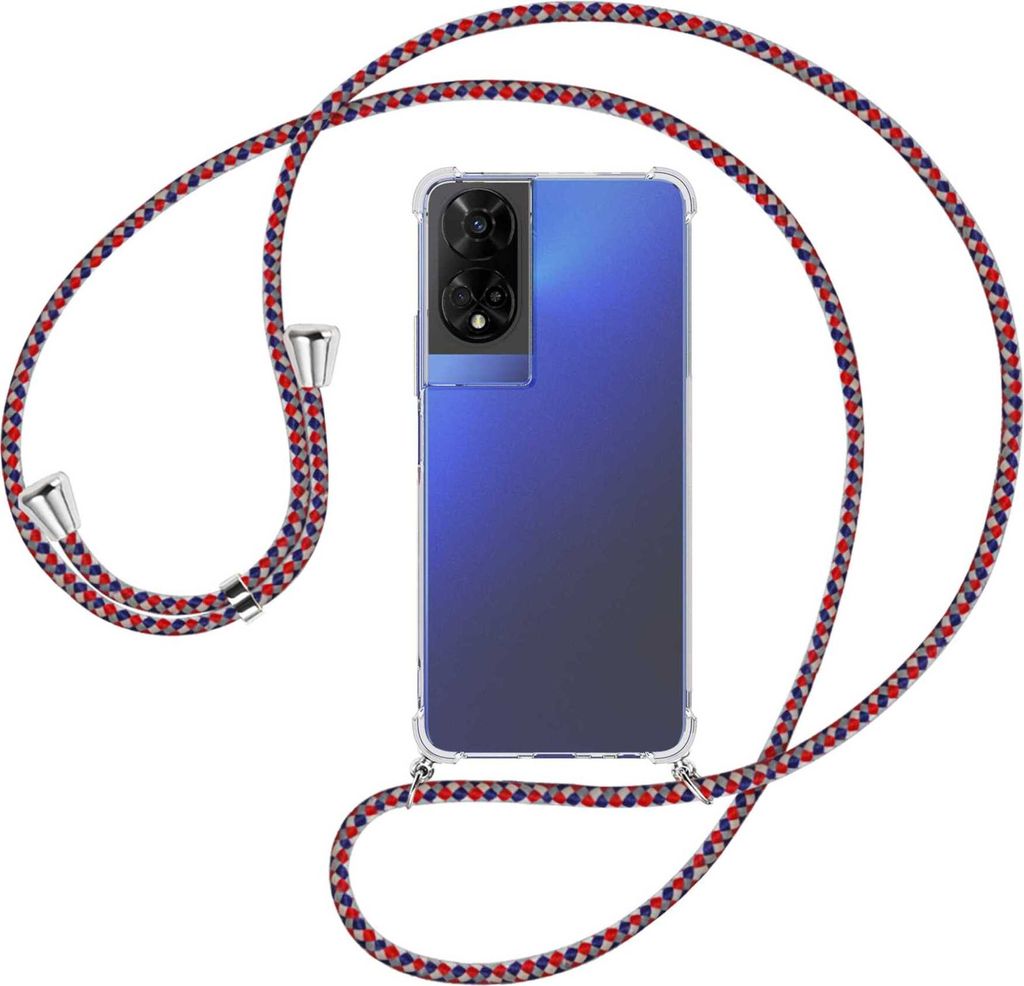 Handykette Backcover-Schutzhülle mit Band (Metall silberfarben) für TCL 50 5G - silber/blau/rot