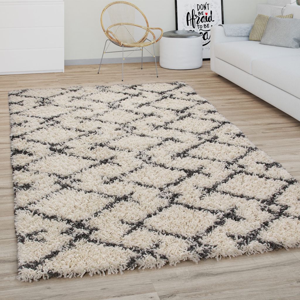 Hochflor Teppich Wohnzimmer Shaggy Langflor Modernes Boho Skandi Rauten Muster Grösse 150 cm Quadrat