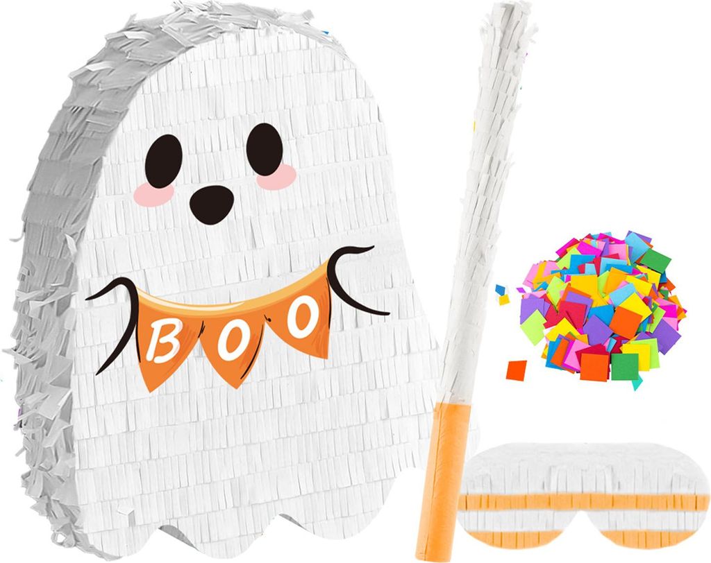 Geister-Piñata mit Zugschnur, süße weiße Geister-Piñata mit Stab, Augenbinde und Konfetti für Halloween-Geburtstagsparty-Zubehör