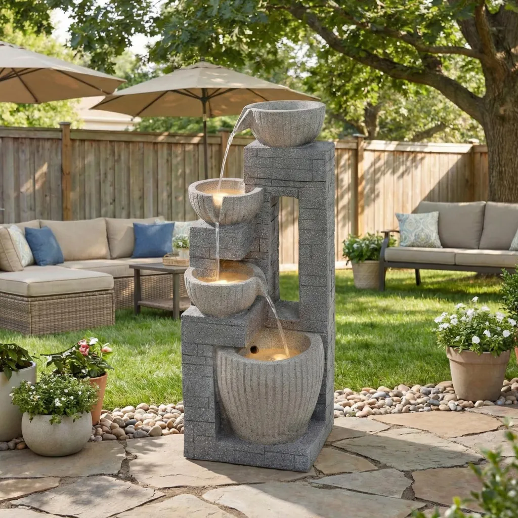 Fontaine Cascade Extérieure avec Éclairage LED Blanc Chaud en Gris