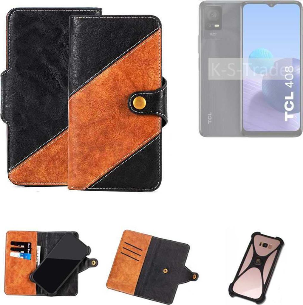 K-S-Trade Handyhülle Schutzhülle Bookstyle Case Wallet-Case kompatibel mit TCL 408 Handy Cover Bumper Klapphülle schwarz hellbraun 1x